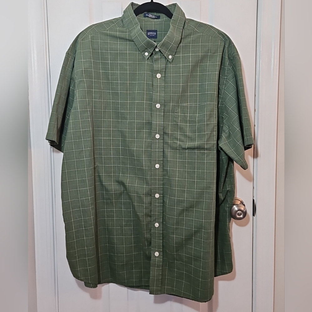 Arrow Men's 3xl Vintage Look Button Down Green Plaid Short Sleeve Shirt